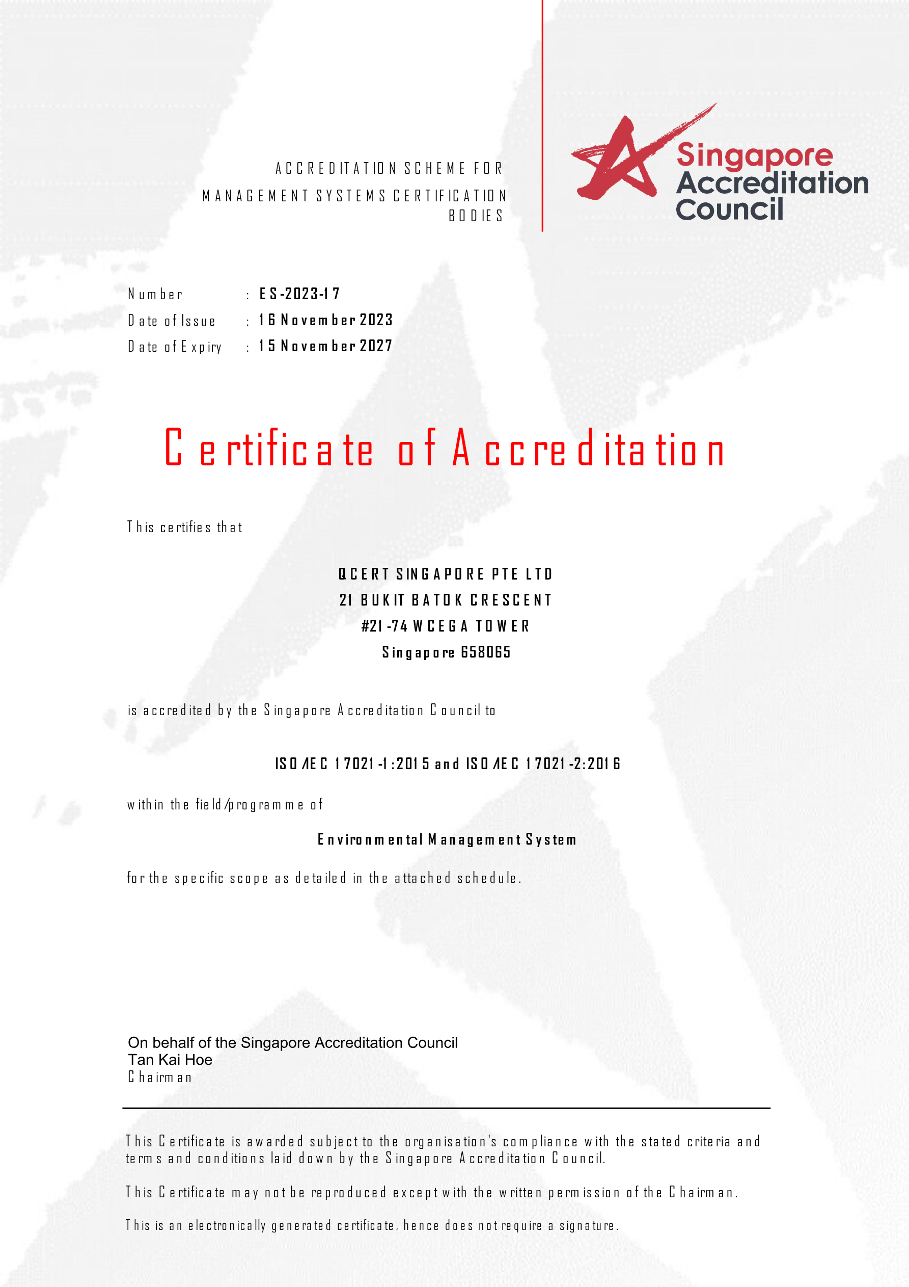 SAC Certificate — ISO 14001 (ES-2023-17)