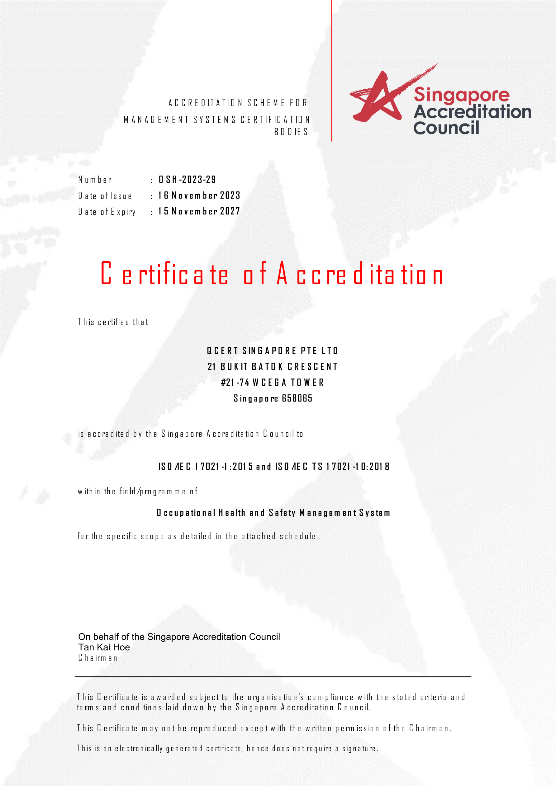 SAC Certificate — ISO 45001 (OSH-2023-29)